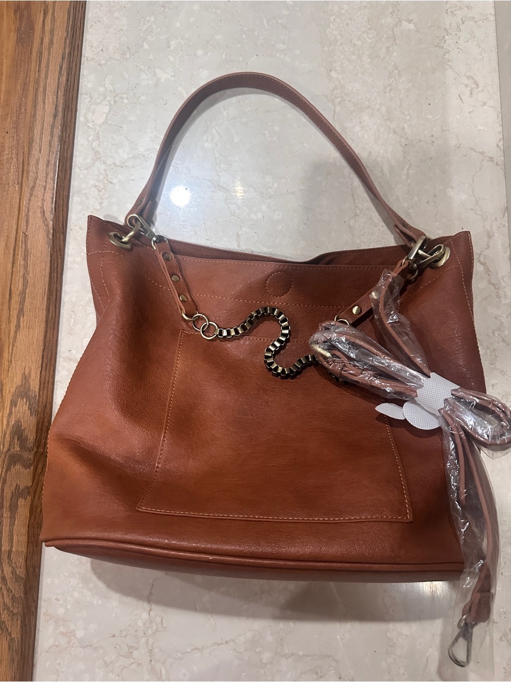 Leather Shoulder Tote Bag - Brown